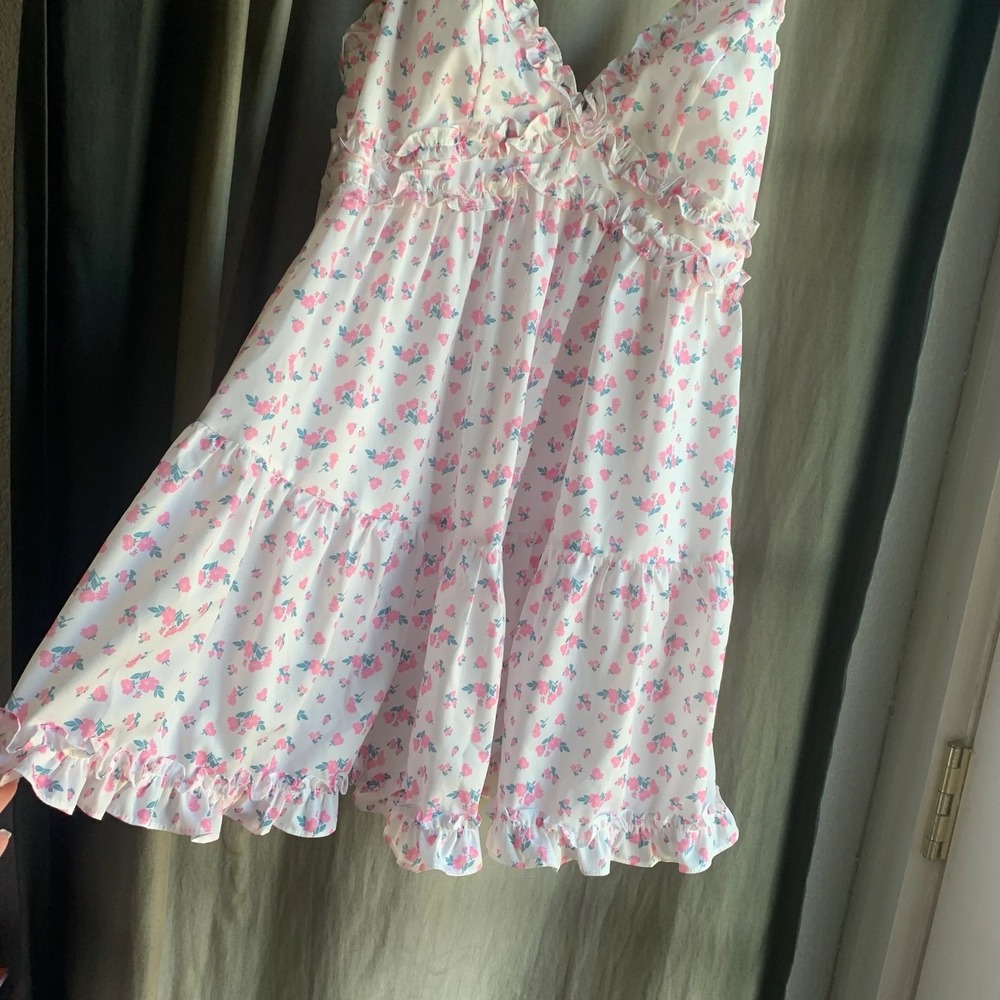 NWT Tiger Mist Claudette Pink Floral Ruffle Mini Dress Sz L Coquette Soft Girl - Picture 15 of 16